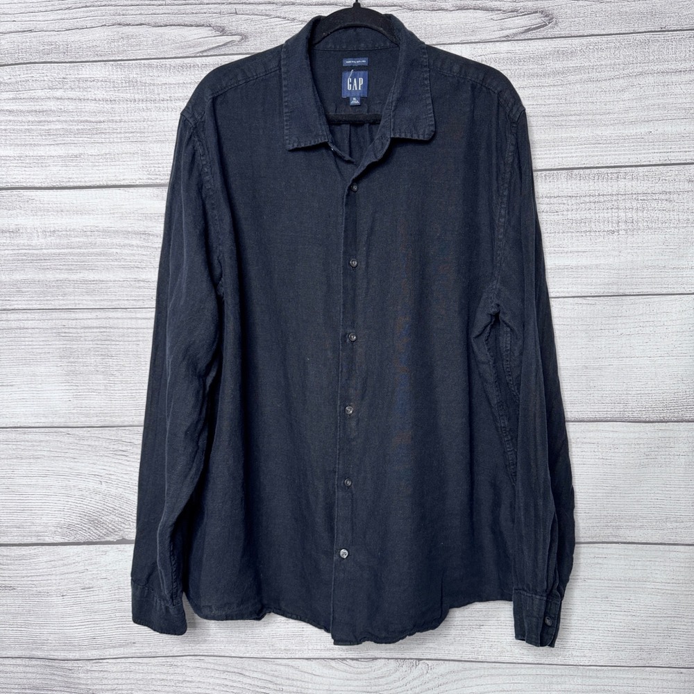GAP Women Black 100% Linen Long Sleeve Button Down Shirt XL Relaxed Classic